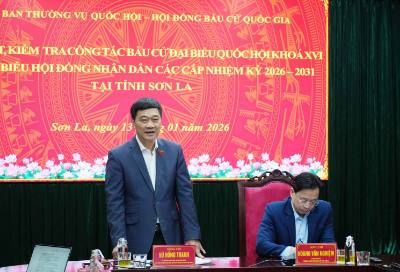 Phó Chủ tịch Quốc hội Vũ Hồng Thanh, Trưởng Đoàn giám sát, kiểm tra của Ủy ban Thường vụ Quốc hội - Hội đồng bầu cử Quốc gia, phát biểu chỉ đạo tại buổi làm việc. Ảnh: Nguyễn Cường - TTXVN