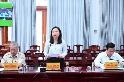 Bà Lê Thị Cẩm Tú, Phó Chủ tịch MTTQVN tỉnh Tây Ninh phát biểu tại phiên họp. Ảnh: Bùi Giang - TTXVN