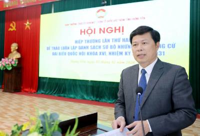 Phó Bí thư Thường trực Tỉnh ủy, Chủ tịch Ủy ban MTTQ Việt Nam tỉnh Hưng Yên Trần Quốc Toản phát biểu tại hội nghị. Ảnh: Thế Duyệt – TTXVN