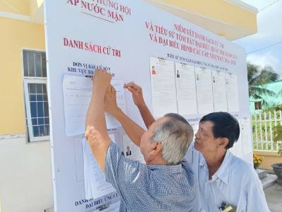 Cử tri tìm hiểu thông tin các ứng cử viên đại biểu Quốc hội cũng như HĐND các cấp nhiệm kỳ 2026 - 2031  tại nhà văn hóa ấp Nước Mặn, xã Hưng Hội. Ảnh: TTXVN phát