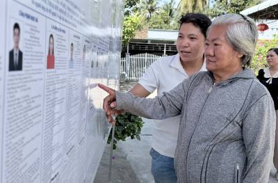 Cử tri xã Tri Tôn, An Giang xem danh sách cử tri được niêm yết công khai tại khu vực bỏ phiếu. Ảnh: Thanh Sang-TTXVN 