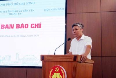 Đại tá Nguyễn Hải Phước, Trưởng phòng An ninh chính trị nội bộ, Công an Thành phố Hồ Chí Minh, thành viên Tiểu ban Đảm bảo an ninh, trật tự, an toàn xã hội thuộc Ủy ban Bầu cử Thành phố thông tin về công tác chuẩn bị bầu cử. Ảnh: Xuân Khu-TTXVN