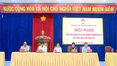 Các ứng cử viên đại biểu Quốc hội khóa XVI tại đơn vị bầu cử số 6 của tỉnh Gia Lai tại Hội nghị tiếp xúc cử tri tại xã Phú Thiện. Ảnh: Hồng Điệp - TTXVN