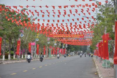 Các tuyến đường trung tâm xã An Cư (An Giang) trang trí rực rỡ chào đón Ngày bầu cử. Ảnh: Thanh Sang - TTXVN