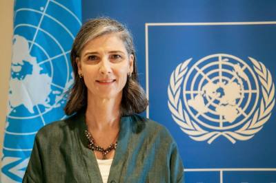 Bà Ramla Khalidi, Trưởng Đại diện Đại diện thường trú của Chương trình Phát triển của Liên hợp quốc (UNDP) tại Việt Nam trả lời phỏng vấn của phóng viên TTXVN. Ảnh: TTXVN phát