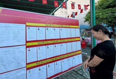 Cử tri tìm hiểu về các ứng cử viên tại khu vực bỏ phiếu số 19, tổ 17, phường Long Bình. Ảnh: Sỹ Tuyên - TTXVN