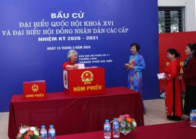 Cử tri phường Láng tham gia bầu cử tại khu vực bỏ phiếu số 17. Ảnh: Vũ Sinh – TTXVN